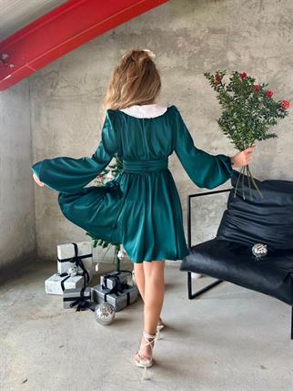 Evie Bebe Yaka Saten Elbise - Yeşil