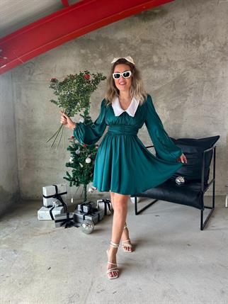 Evie Bebe Yaka Saten Elbise - Yeşil