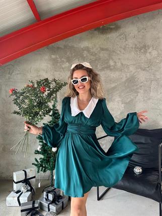 Evie Bebe Yaka Saten Elbise - Yeşil