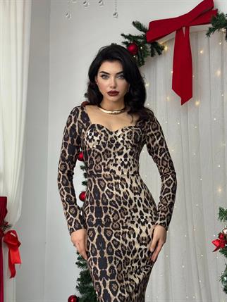 Kalp Yaka Uzun Leopar Elbise