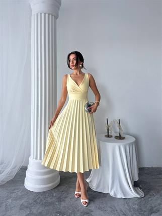 Alyosa Pileli V Yaka Midi Elbise