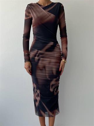 Davina Tül Tasarım Uzun Kollu Midi Elbise