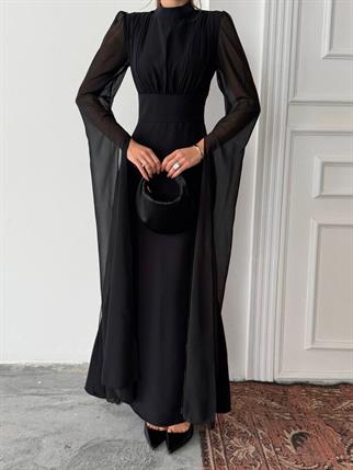 Karen Tül Kol Korsaj Bağlamalı Uzun Elbise