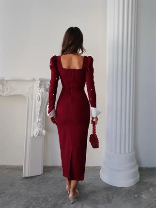 Kadın Tasarım İnci Taşlı Manşet Kol Detay Uzun Elbise