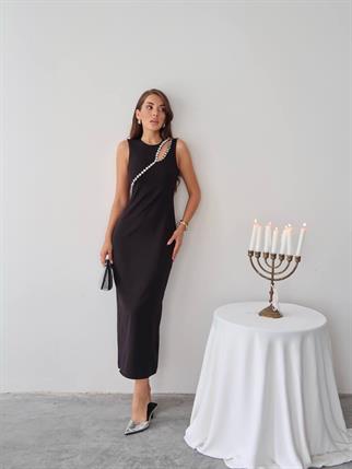 Mona Taş Detay Atlas Kumaş Uzun Elbise