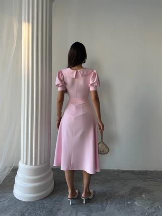 	Bebe Yaka Gold Düğmeli Atlas Midi Elbise