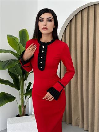 Ruby Fırfır Detay Manşet Kol Midi Elbise