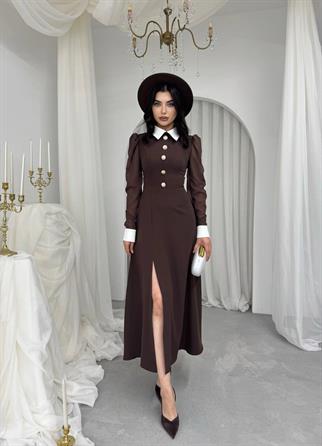 Evona Yırtmaç Detaylı Düğmeli Elbise