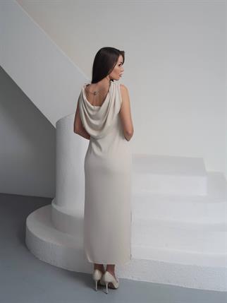 Saten Degaje Yaka Sırt Detay Manolya Elbise