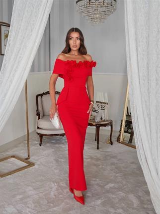 Rina Tasarım Çiçek Detay Uzun Elbise