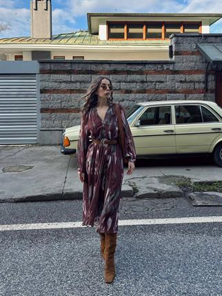 Farrah Şifon Uzun Kollu Kemerli Midi Elbise