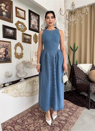 Jere Sırt Dokolteli Detaylı Denim Elbise