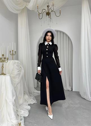 Evona Yırtmaç Detaylı Düğmeli Elbise