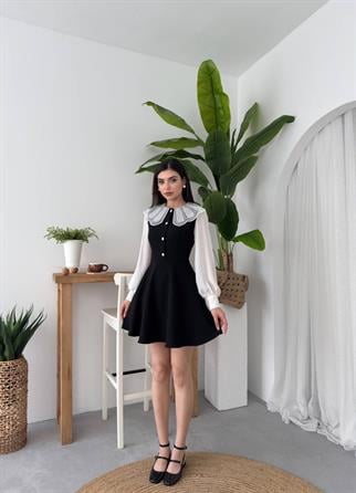 Ravena Dantel Yaka Şifon Kol Detay Mini Elbise