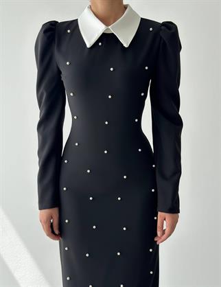 Perlina İnci Boncuk Detay Gömlek Yaka Uzun Elbise