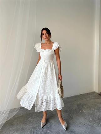 Fisto Düğme Fırfır Detaylı Midi Elbise