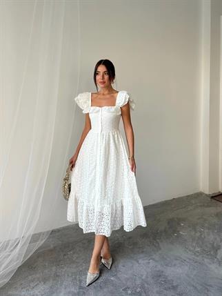 Fisto Düğme Fırfır Detaylı Midi Elbise