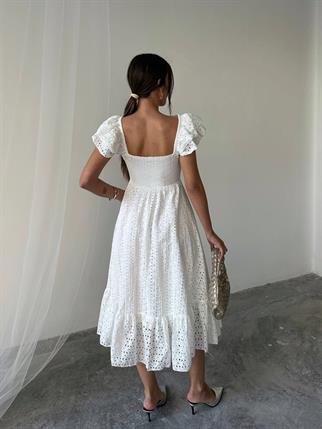 Fisto Düğme Fırfır Detaylı Midi Elbise