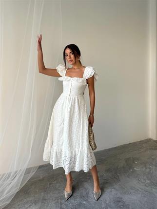 Fisto Düğme Fırfır Detaylı Midi Elbise