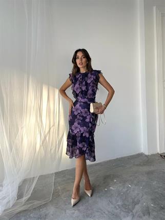 Flora Çiçek Baskılı Şifon Midi Elbise