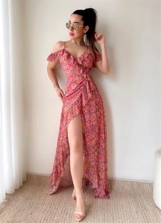 Flower Uzun Fırfırlı Elbise -2001 - Nar Çiçeği