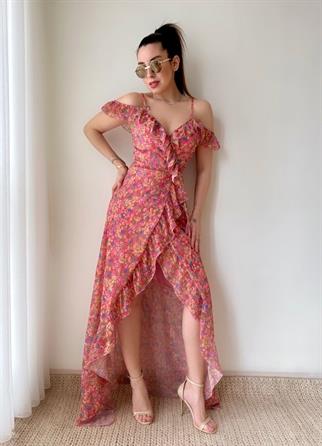 Flower Uzun Fırfırlı Elbise -2001 - Nar Çiçeği