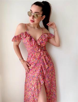 Flower Uzun Fırfırlı Elbise -2001 - Nar Çiçeği