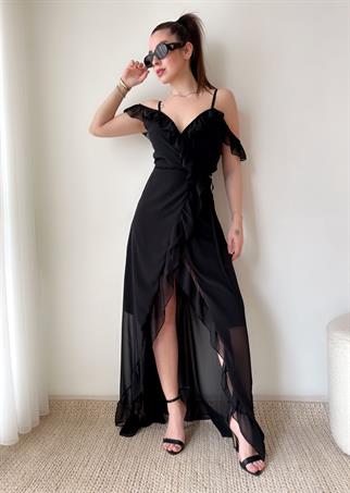 Flower Uzun Fırfırlı Elbise2001 - Siyah