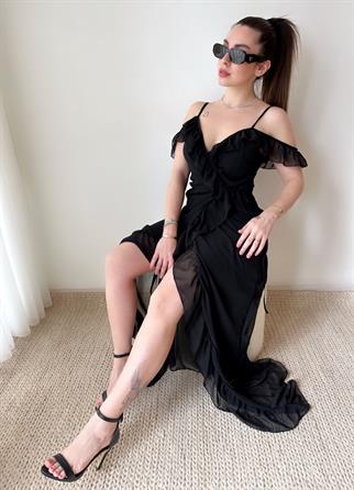 Flower Uzun Fırfırlı Elbise2001 - Siyah