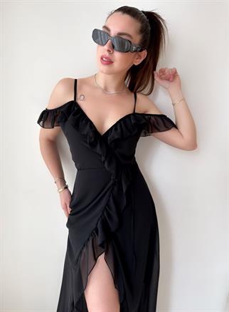 Flower Uzun Fırfırlı Elbise2001 - Siyah