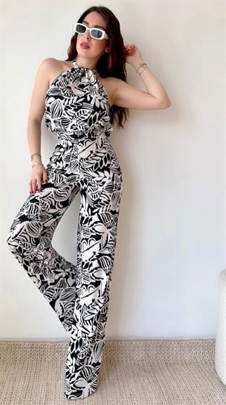 Halter Yaka Bağlamalı Tulum - Siyah Beyaz