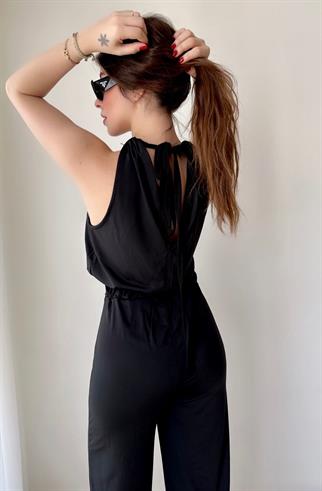 Halter Yaka Bağlamalı Tulum - Siyah
