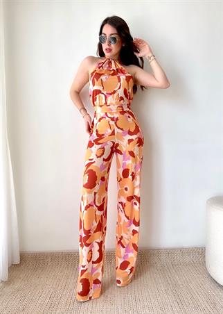 Halter Yaka Bağlamalı Tulum - Turuncu