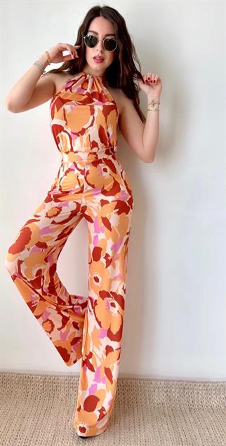 Halter Yaka Bağlamalı Tulum - Turuncu