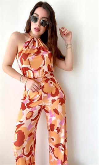 Halter Yaka Bağlamalı Tulum - Turuncu