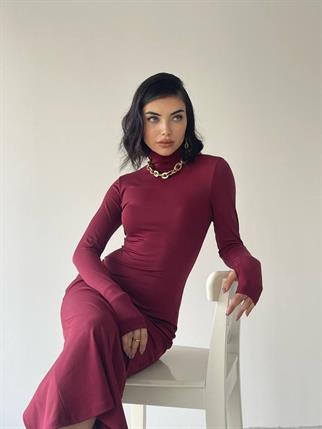 Helena Uzun Arka Yırtmaçlı Elbise - Bordo