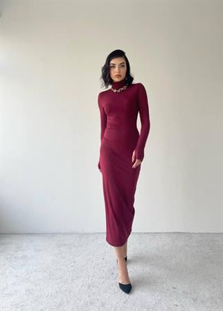 Helena Uzun Arka Yırtmaçlı Elbise - Bordo