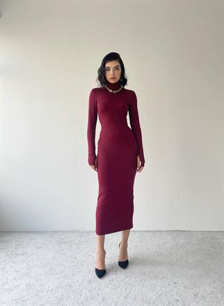 Helena Uzun Arka Yırtmaçlı Elbise - Bordo