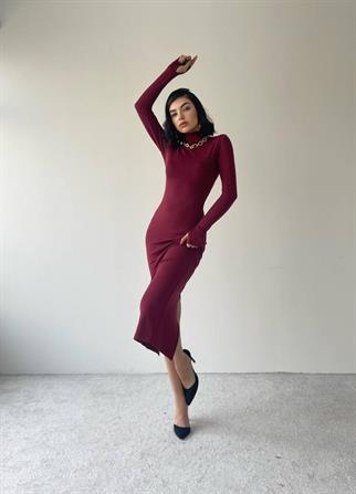 Helena Uzun Arka Yırtmaçlı Elbise - Bordo