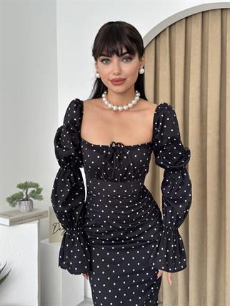 İnce Puantiyeli Poplin Uzun Elbise