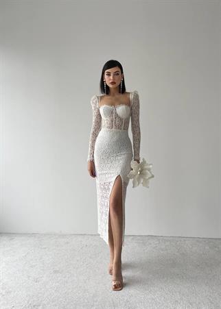 İRİS MİDİ GLOPLU YIRTMAÇLI DANTEL ELBİSE BEYAZ