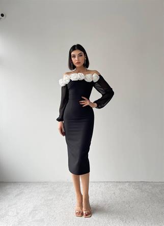 Irmak Straplez Gül Detay Midi Elbise 
