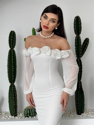 IRMAK STRAPLEZ GÜL DETAY MİDİ ELBİSE