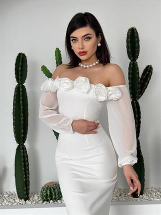 IRMAK STRAPLEZ GÜL DETAY MİDİ ELBİSE