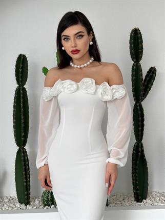 IRMAK STRAPLEZ GÜL DETAY MİDİ ELBİSE