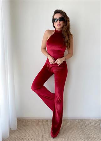 Jena Sırt Dekolteli Halter Yaka Tulum - Kırmızı
