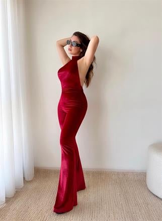 Jena Sırt Dekolteli Halter Yaka Tulum - Kırmızı