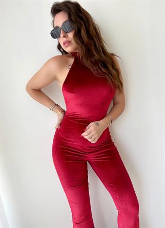 Jena Sırt Dekolteli Halter Yaka Tulum - Kırmızı