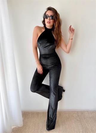 Jena Sırt Dekolteli Halter Yaka Tulum - Siyah