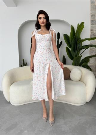 Jose Kalın Askılı Yırtmaçlı Midi Çiçekli Elbise